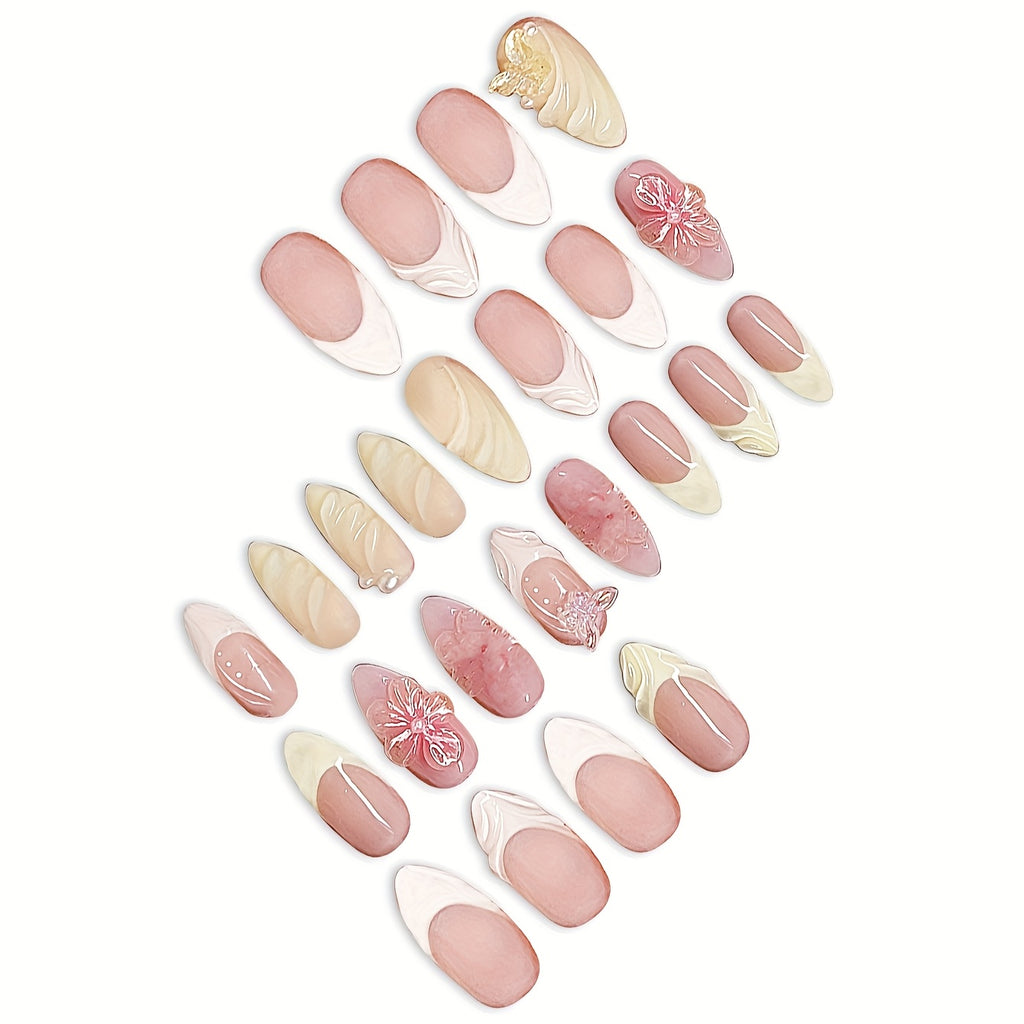 24pcs Almond-Shaped False Nails Set, Sweet French-Style Elegant Spiral 3D Cute Butterfly Delicate Flower Design, Suitable for All Women and, Includes Nail File and Jelly Glue for Easy Application, Diy Nail Design, Elegant Fre