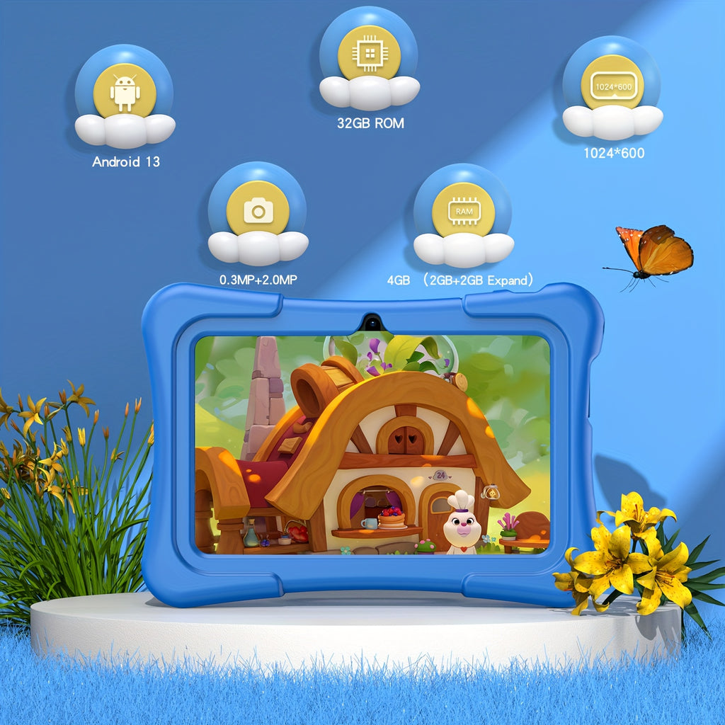 Android 13 7-Inch Kids Portable Tablet with Case 4GB (2GB+2GB Expandable) RAN+32GB ROM, Support 1TB Expandable, Quad-Core Processor, HD Display, Dual Camera, Dual WiFi (2.4G+5G), 2025 New Boys and Girls Gifts