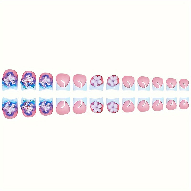 [Fake Nails Set] 48pcs Square Fake Nails Set, 3D Pure Desire Flower Spiral Nail Tips, Includes Nail File and Jelly Glue in the Box for Easy Application, Suitable for All Women