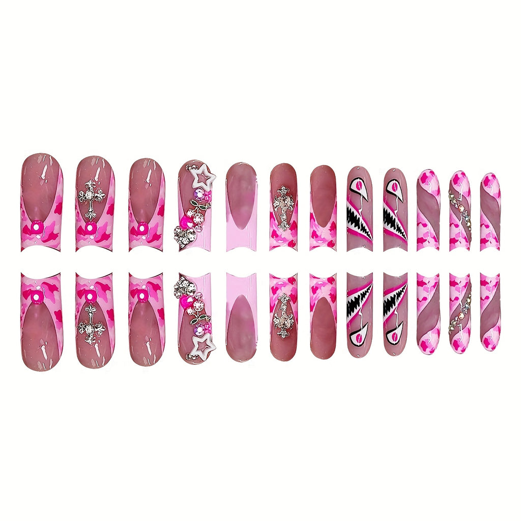 Pink Glossy 24pcs Luxurious Teardrop False Nails Set - Long Length, Easy to Apply, with Glitter Cherry Heart & Shiny Cross Emblem, Cute Star Accents, Animal Pattern - Includes Nail File & Jelly Glue