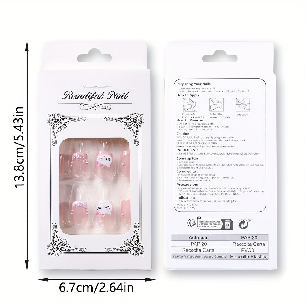 24pcs for hello kitty Nail Stickers - Cute Cartoon Design, Glossy Finish, Removable Press-On Nails for Manicure & Pedicure, Perfect for Hand & Foot Care, Nail Art Supplies | Cartoon Nail Art | Glossy Finish Nails, Nail Decora