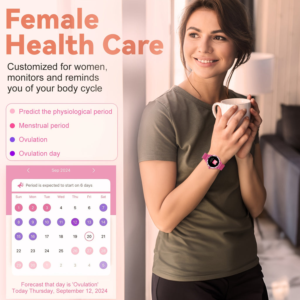 Elegant Pink Smartwatch for Women - Wireless Call, Voice Control, Sleep Tracking, and Sports Mode, Compatible with Android and iPhone, Perfect Gift for Girlfriend or Wife