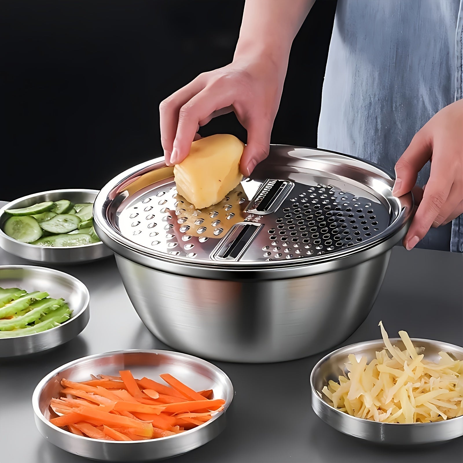 3pcs Stainless Steel Kitchen Set with Integrated Grinder, Multifunctional Filter and Mixing Bowl - Ideal for Cleaning and Slicing Fruits, Vegetables, Cheese | Food Safety with Drainage System, Perfect for Home Cooking, Kitche