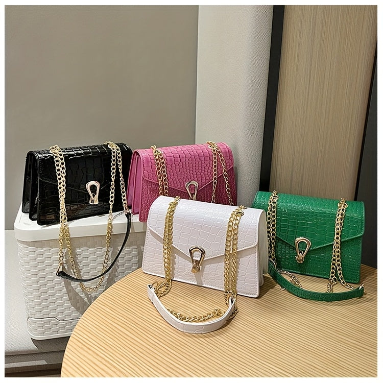 Pink Snake Print Crossbody BagFor Women, Stylish Women's Crocodile Pattern Handbag - Black Shoulder Bag With Detachable Strap Golden-Tone Hardware & Chain Strap, Crossbody Bag Purse Christmas Bags For Gifts Christmas Gift Bag