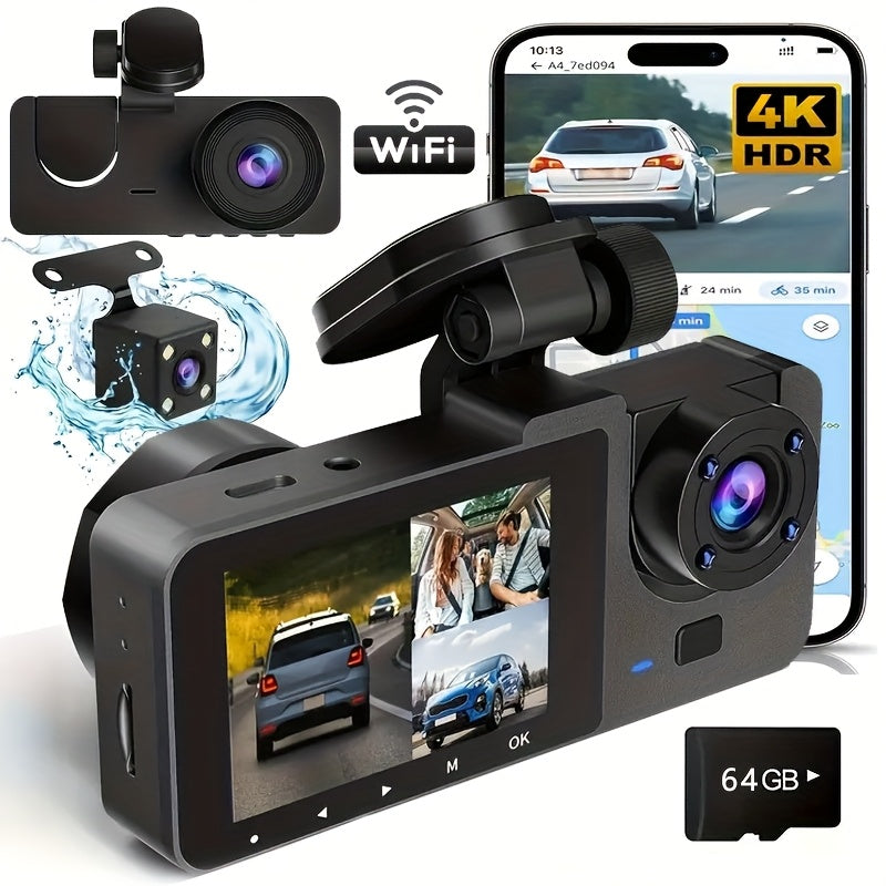 Front 4K/ Built- 1080P Three-Channel Front and Rear Built-in Dash Cam, Full HD Car DVR with Infrared Night Vision Function, Loop Recording, Includes 32/64GB SD Card, WDR, 24-Hour Parking Mode - Birthday Gift YX15, Road Trip C
