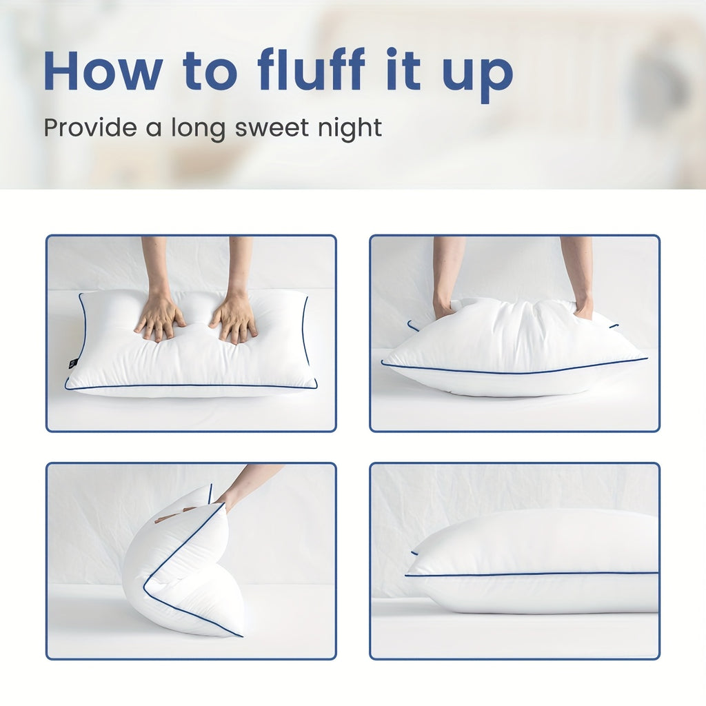 2pcs Premium Cooling Bed Pillows with Adjustable Zipper - Soft Down Alternative Fill for Back, Stomach & Side Sleepers - Hotel Collection - White with Navy Blue Trim, Machine Washable, All-Season Comfort, Side Sleeper Pillow