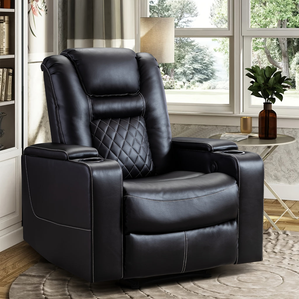 Power Recliner Chair, Heavy-Duty Frame & Soft Faux Leather Upholstery, Hidden Storage & Easy Operation, Compatible with Plug, Black, Modern Lazy Boy Sofa for Home Theater Seating, Easy Assembly