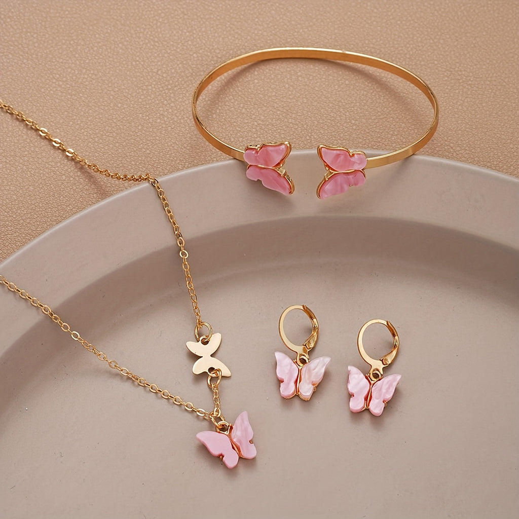 [Minimalist Jewelry] 4pcs Minimalist Butterfly Jewelry Set | Korean Open Bracelet Necklace Earring for Women, Perfect Gift