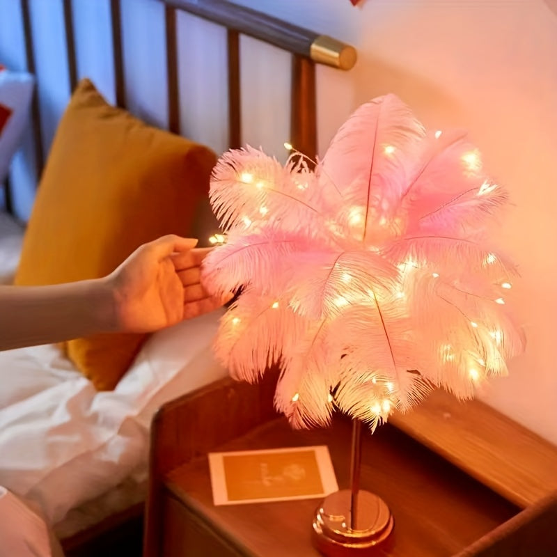 [Pink Feather Table Lamp] Large Modern Artificial Feather Table Lamp with LED Uplight | Elegant Pink & White Design, Brushed Finish, Battery-Powered for Bedroom, Living Room, KTV, Cafe, or Home Decor