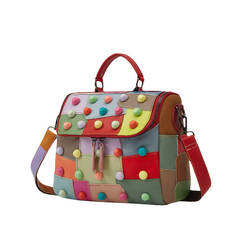 [Geometric Crossbody Bag] Light Brown Geometric Women's Crossbody Bag | Detachable Strap, Multi-Color Irregular Design, Zipper Closure, Spacious Tote with Back Pocket & Rivet Accents, Polyester Lining for Daily Commute & Casu