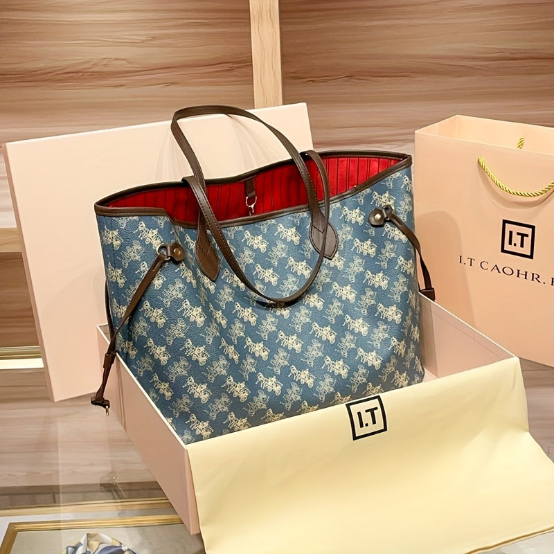 Elegant Floral Tote Bag with Red Interior, Large Capacity, Golden-Tone Hardware, And Detachable Shoulder Strap - Ideal for Daily Travel And Commuting, Travel Tote Bag | Floral Print Tote | Durable Handles, Tote Bag