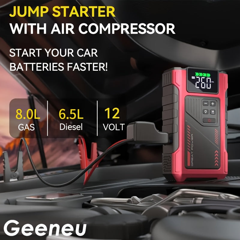 4000A Portable Wireless Car Air Compressor Jump Starter with Air Compressor, Battery Jump Starter Portable Peak, Car Battery Charger Portable For12V(8.0LGas/1.72gal Diesel) Start The Car Quickly, USB Input/output, LED Emergen
