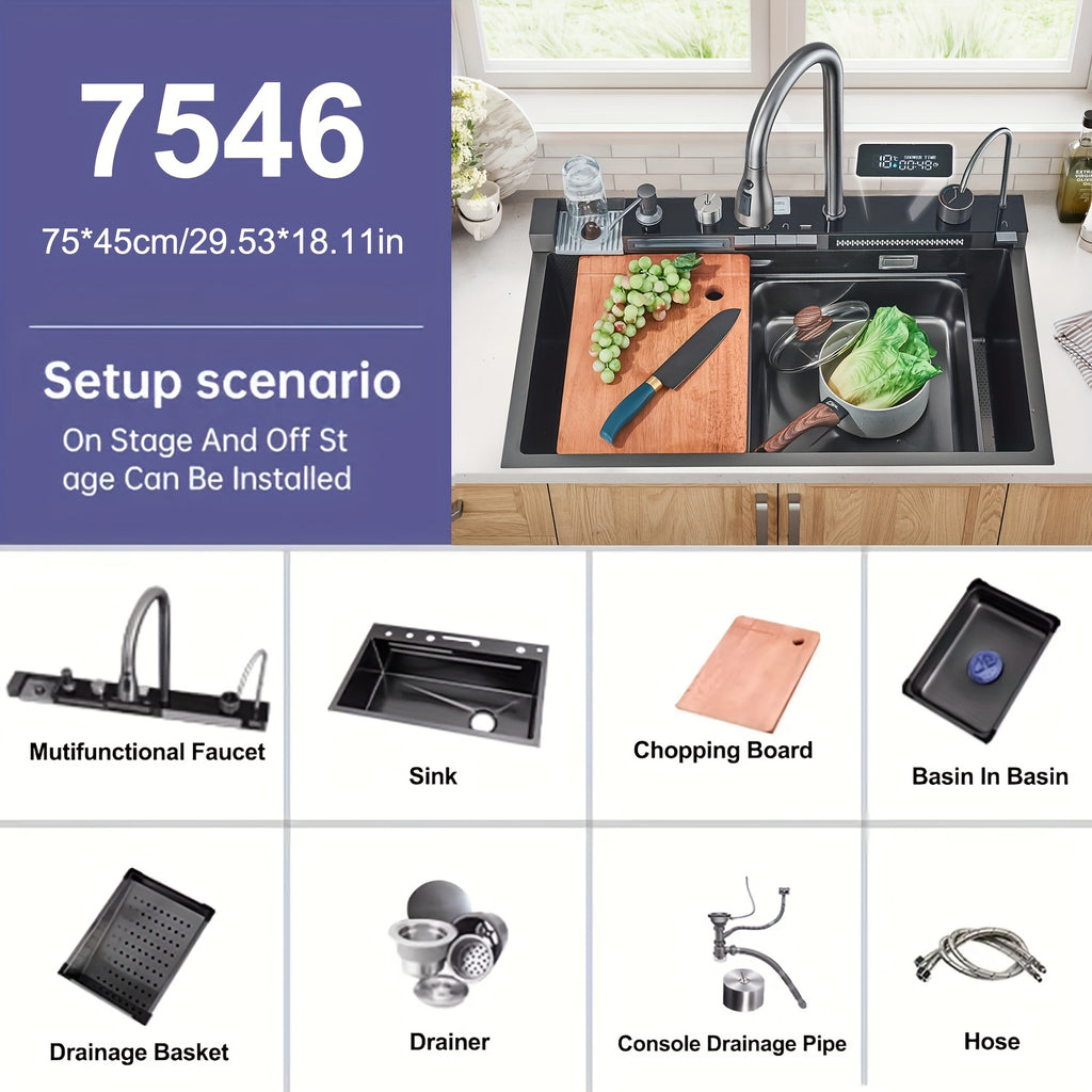 Digital Display Waterfall Sink, Single Bowl Kitchen Sinks, Stainless Steel Bar Sink With Pull Down Sprayhead Faucet, Smart Modern Kitchen Sink, Full Set Of Accessories, Gun Gray & Brushed Golden, 1 Set