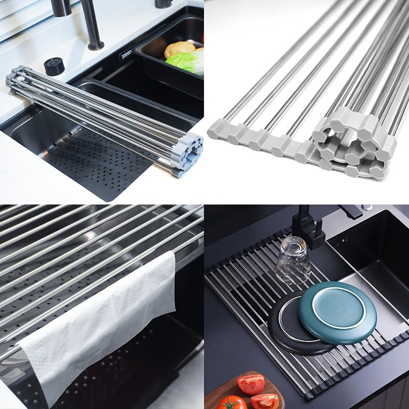 1pc Deluxe Roll-Up Stainless Steel Dish Drying Rack - Space-Saving Over-The-Sink Design, Portable & Anti-Rust, Easy to Clean Kitchen Sink Organizer for Small Spaces, Dish Drying Rack for Kitchen Counter, Sleek Metallic Finish