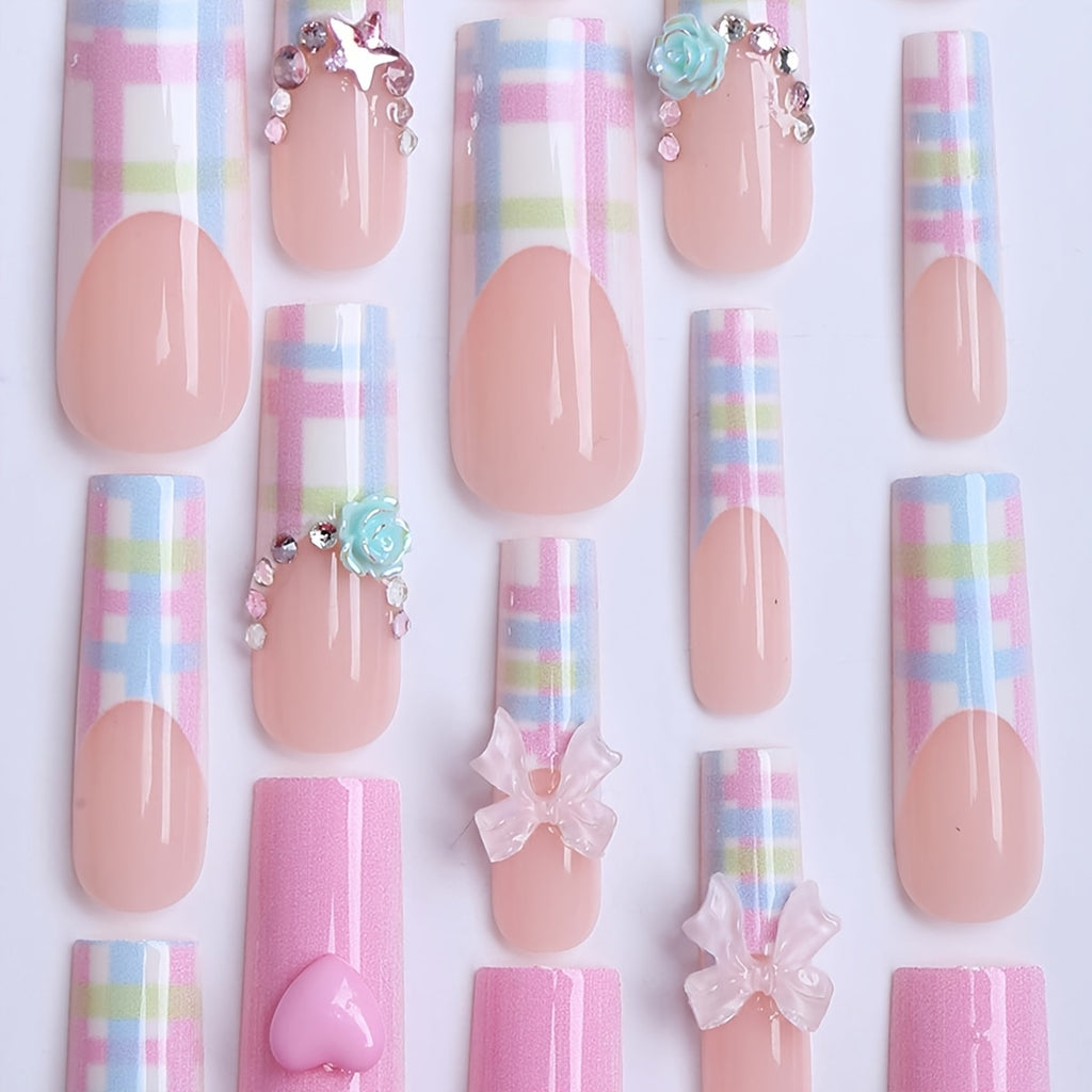 A Gift Box Containing 24 Long Square-Shaped Press-On Nails for Spring And Summer, Featuring Cute Dopamine Designs with Milky White Bows, Pink 3D Hearts, Rainbow Checkered Stripes, Aurora Blue-Green Camellias, Silvery Glitter,