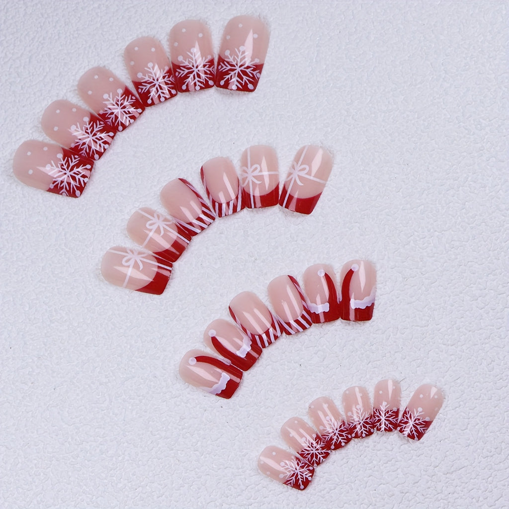 [Christmas | 24pcs Nail Set] 24pcs Christmas Nail Set - French Red Santa Hat, White Bow & Snowflake Design, Glossy Acrylic Nails for Women, Holiday Parties & Daily Wear, Festive Nail Art Gift, Elegant Nail Style, Durable Nail