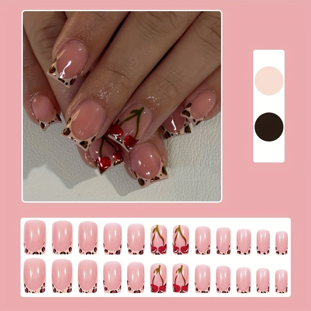 Leopard Print Short Press-On Nails for Women - Square Cherry Design, Sweet & Stylish Full Coverage Reusable Fake Nails for Autumn/Winter, 24pcs Gift Set