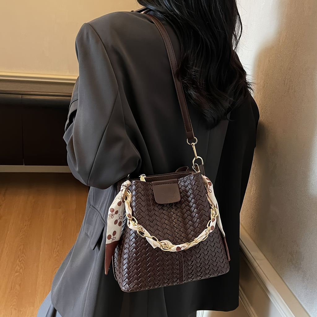 Women's Woven Tote & Bucket Bag - Convertible Crossbody/Handbag with Golden-Tone Hardware, Beige/Black Detachable Strap, Retro Woven-Pattern Shoulder Purse for, Casual & Formal Events (Adjustable, Snap Closure)