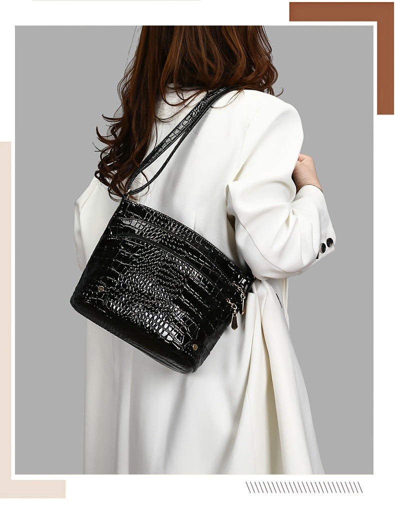 Shiny Crocodile Pattern Women'S Bag, PU Soft Shoulder Bag, Multi-Layer Crossbody Bag, Stylish And Versatile Large Capacity Bucket Bag.