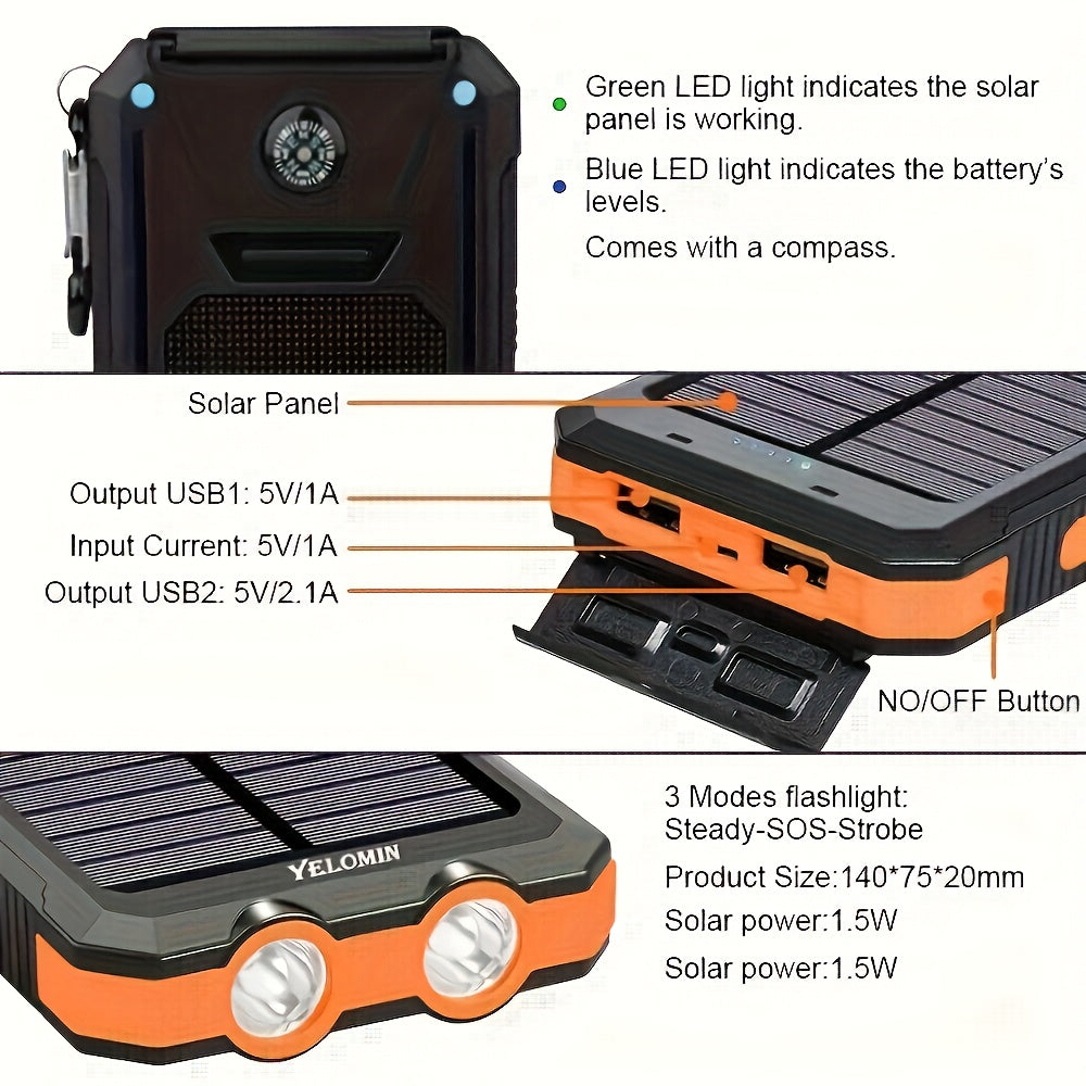 Portable Solar Mobile Phone Charger, Camping External Battery Charger for Mobile Phones, 2 USB/ LED Flashlights with Compass for Outdoor Activities, Portable Solar Power Bank, Solar Battery, Portable Charger Power Bank, Solar