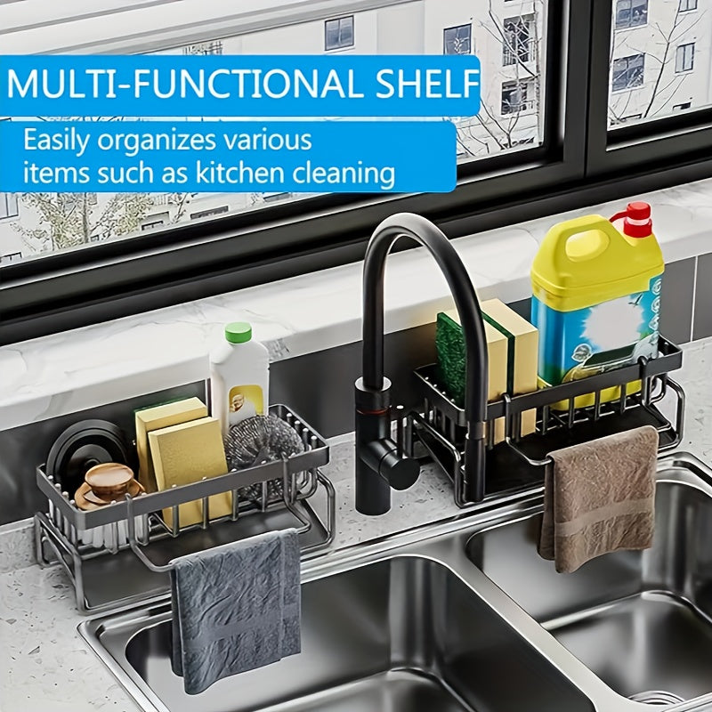 Heavy-Duty Metal Kitchen Sink Organizer Tray - Sink Drainage Rack with Built-in Sponge Holder, Dish Brush Slot - Space-Saving Countertop Organizer, Compatible with Standard Sinks - Easy to Clean Kitchen Storage Rack, Compact