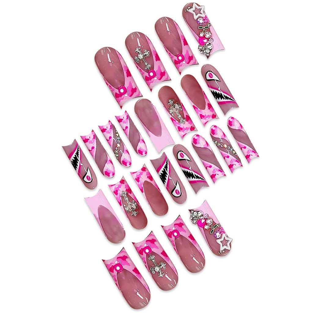 Pink Glossy 24pcs Luxurious Teardrop False Nails Set - Long Length, Easy to Apply, with Glitter Cherry Heart & Shiny Cross Emblem, Cute Star Accents, Animal Pattern - Includes Nail File & Jelly Glue
