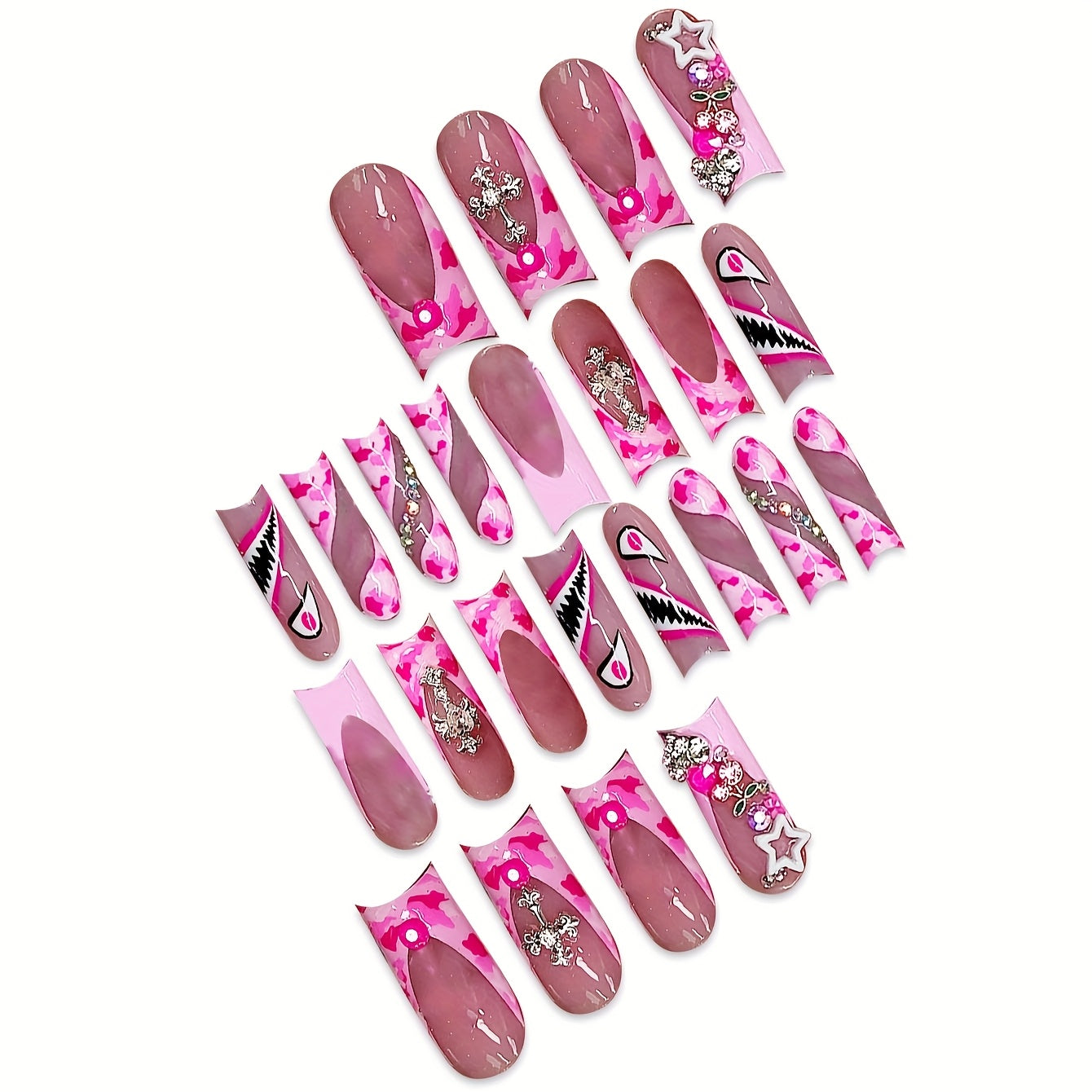 Pink Glossy 24pcs Luxurious Teardrop False Nails Set - Long Length, Easy to Apply, with Glitter Cherry Heart & Shiny Cross Emblem, Cute Star Accents, Animal Pattern - Includes Nail File & Jelly Glue