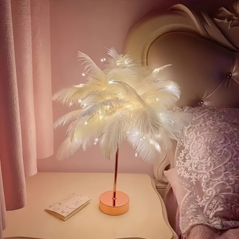 [Pink Feather Table Lamp] Large Modern Artificial Feather Table Lamp with LED Uplight | Elegant Pink & White Design, Brushed Finish, Battery-Powered for Bedroom, Living Room, KTV, Cafe, or Home Decor