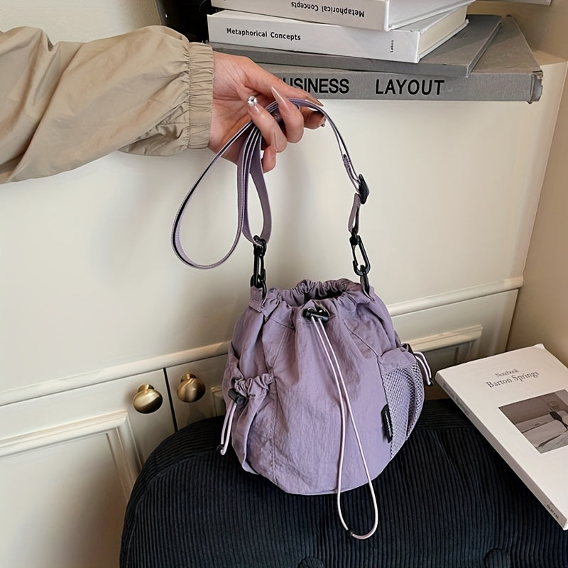 Women's Lightweight Crossbody Bag, Convertible Clutch Purse with Adjustable Strap, Drawstring Closure, Side Mesh Pocket, Compact Everyday Bag for Women, Travel, Work, Dates, Available in Purple, Black, Green, Blue, Khaki, Ide