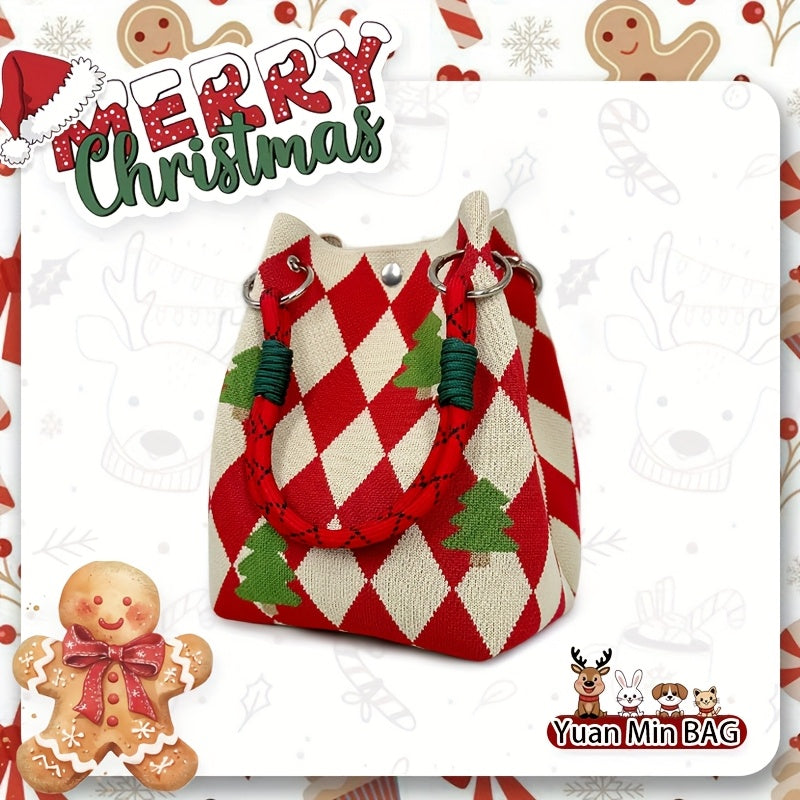 Gingerbread for Man Knitted Handbag/Festive Red & Checkered Design with Magnetic Closure, Removable Strap, and Golden Accents/Perfect Christmas Gift for Women, Holiday Accessory, Playful Design, Magnetic Closure Bag