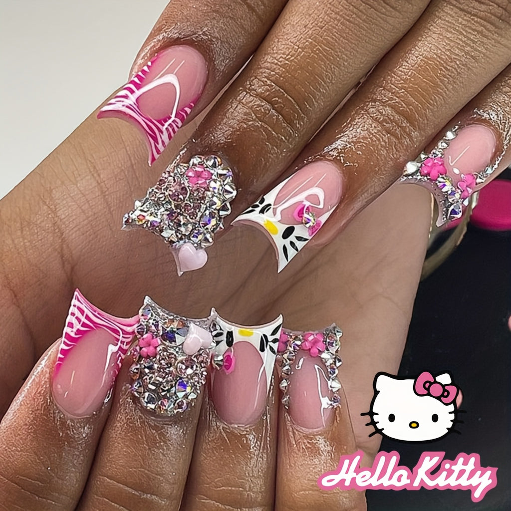 24pcs Duckbill Nail Stickers Sanrio Cute for hello kitty Pattern French 3D Colorful Glitter White Heart Rhinestone Pink Flower Rhinestone Long Nail Set with: One Piece of Jelly Glue and One Piece of Rubbing Strip Fashion Dail