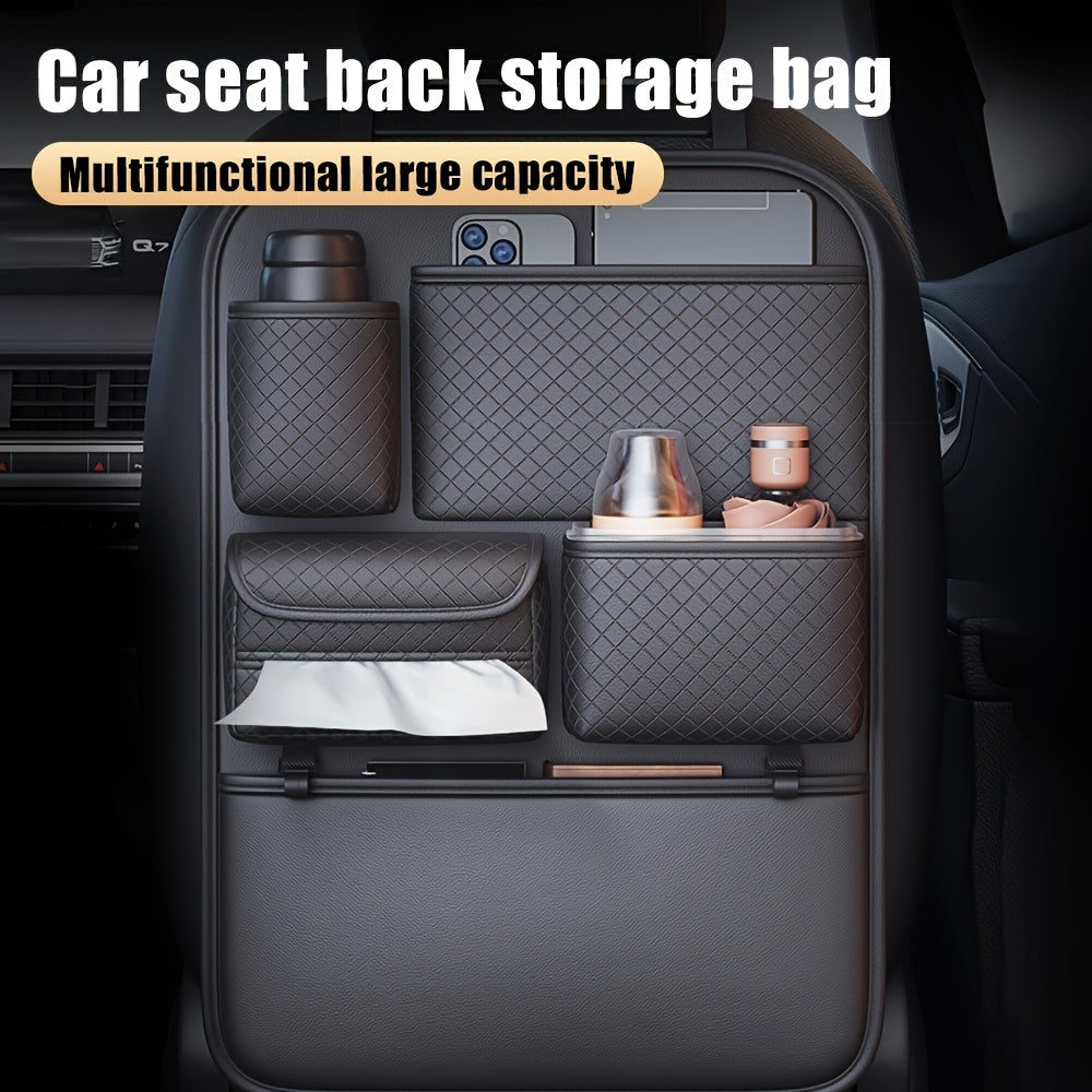 [2025 New PU Leather Car Bag] Universal Fit PU Leather Car Seat Back Organizer Bag | Multi-Layer Storage for Bottles, Tablets, Laptops & Accessories, Black, 2025 New | Stylish Car Organizer