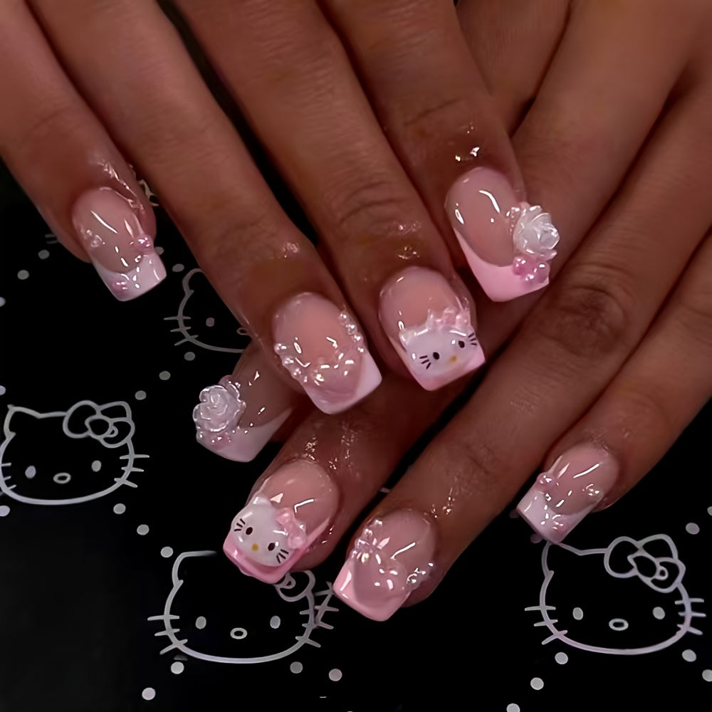 24pcs for hello kitty Nail Stickers - Cute Cartoon Design, Glossy Finish, Removable Press-On Nails for Manicure & Pedicure, Perfect for Hand & Foot Care, Nail Art Supplies | Cartoon Nail Art | Glossy Finish Nails, Nail Decora