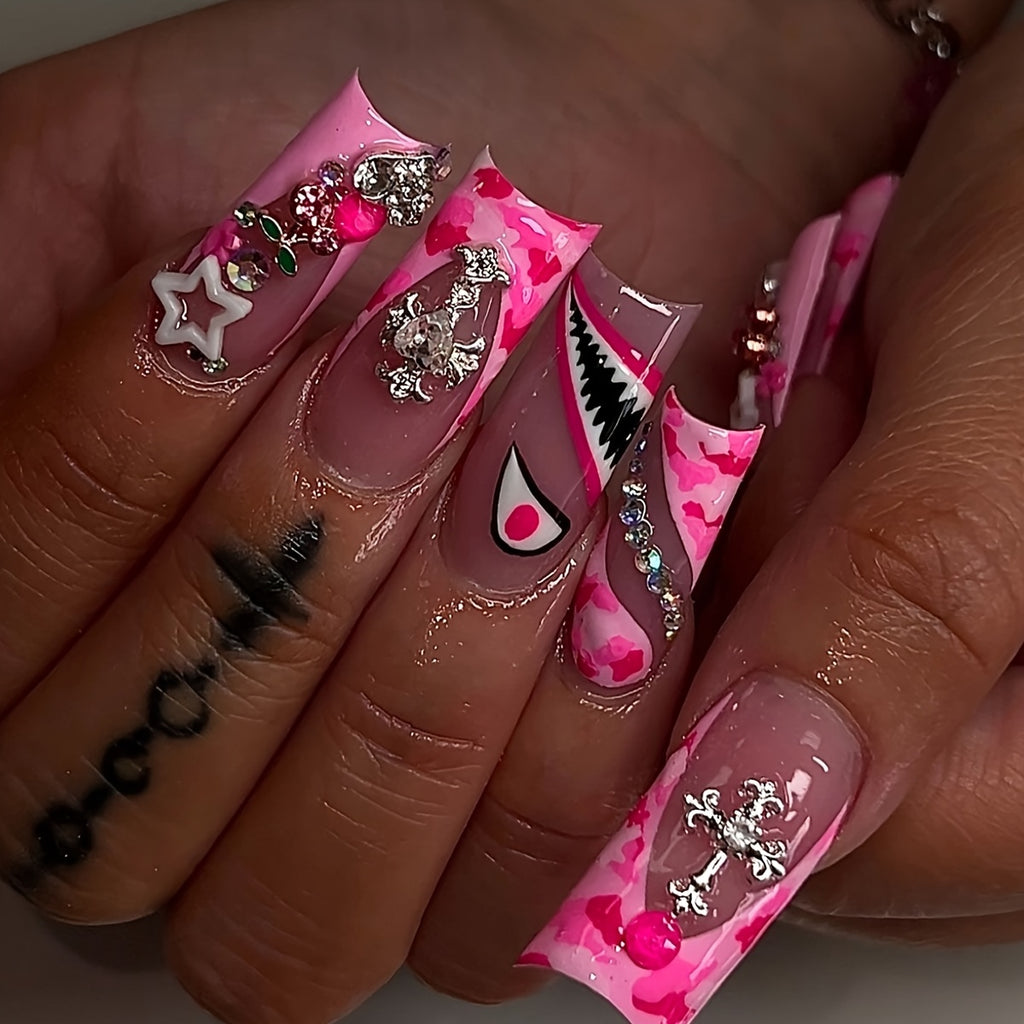 Pink Glossy 24pcs Luxurious Teardrop False Nails Set - Long Length, Easy to Apply, with Glitter Cherry Heart & Shiny Cross Emblem, Cute Star Accents, Animal Pattern - Includes Nail File & Jelly Glue