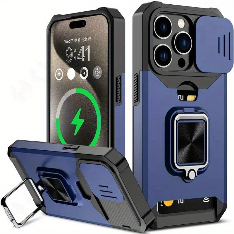 A Protective Case Suitable for Iphone 16, 15, 14, 13, 12, And 11 Pro Max And Plus Models, Featuring a Sliding Camera Slot And a Ring Stand.