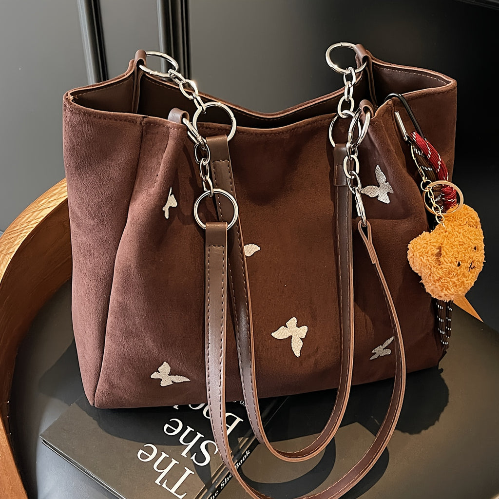 Women's Tote Bag 1pc New Fashion Butterfly Embroidery Large Capacity Autumn Winter Tote Bag, Fashionable Shoulder Bag Elegant Commuter Large Capacity Handbag, Suitable for Various Occasions, with Cute Furry Charm