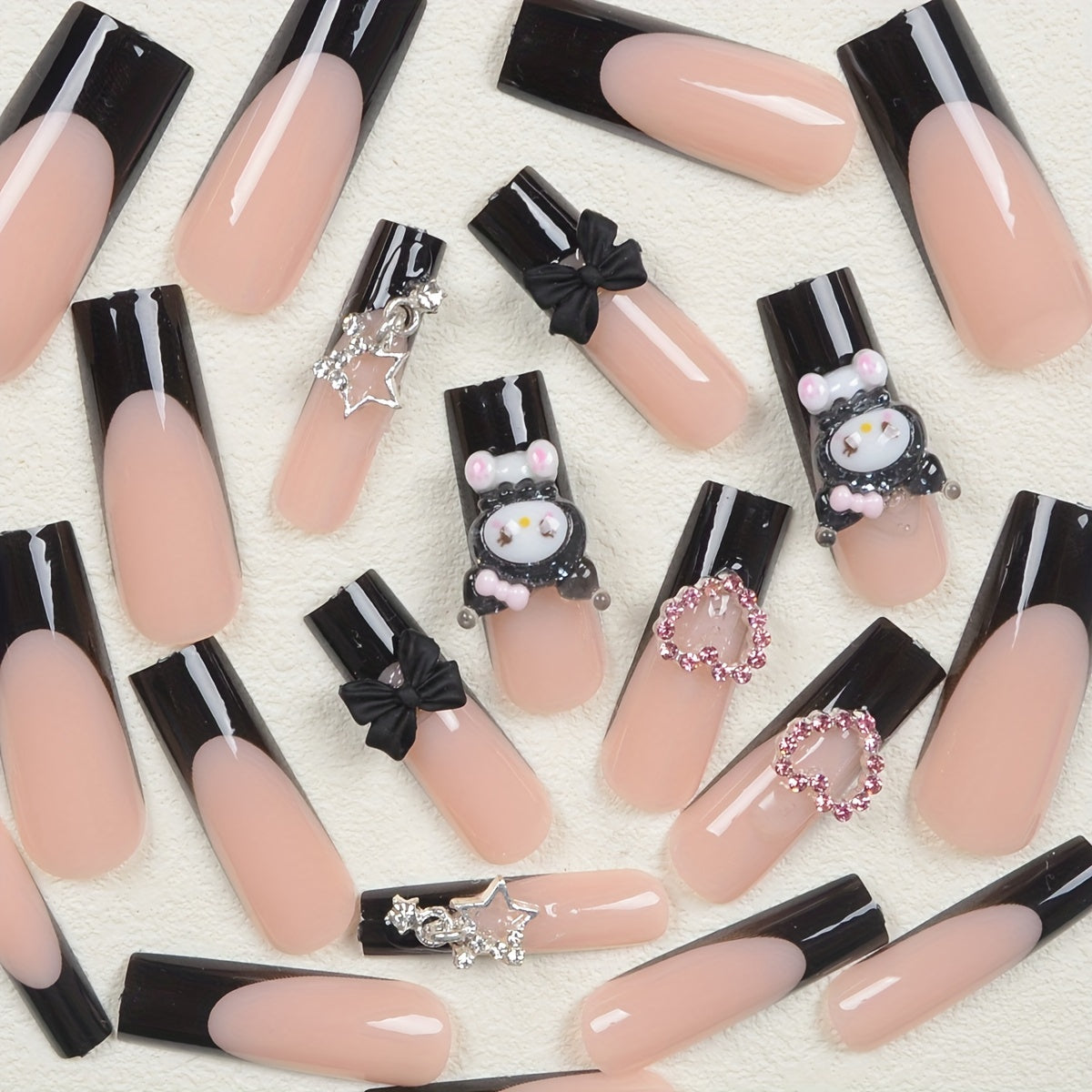 24pcs Long Coffin Nail Stickers Sanrio Black French Cute 3D Rhinestone Pink Heart Bow Silvery Star Charm Fake Nails Set with Jelly Glue and Scraper, Suitable for Daily Use, Parties, and Gatherings