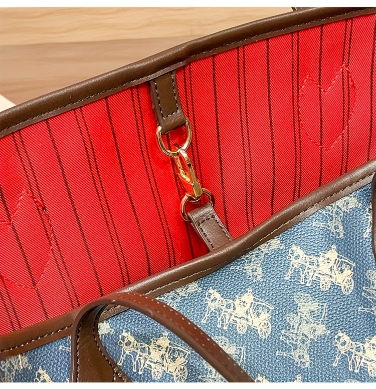 Elegant Floral Tote Bag with Red Interior, Large Capacity, Golden-Tone Hardware, And Detachable Shoulder Strap - Ideal for Daily Travel And Commuting, Travel Tote Bag | Floral Print Tote | Durable Handles, Tote Bag