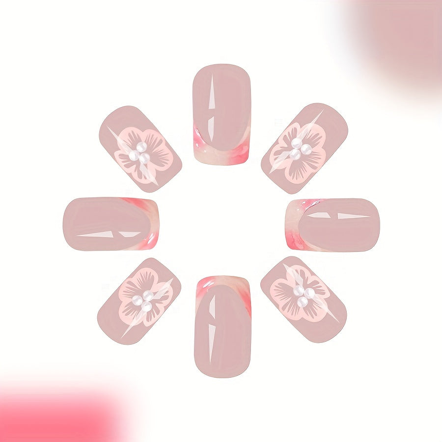 24-Pc Press-On Square Nails, Medium Length, French Flower Pearl 3D Embossed Design, Mixed Color System, Glossy Finish - Full Cover False Nails Set for Women and Girls with Jelly Glue & Filing Stick