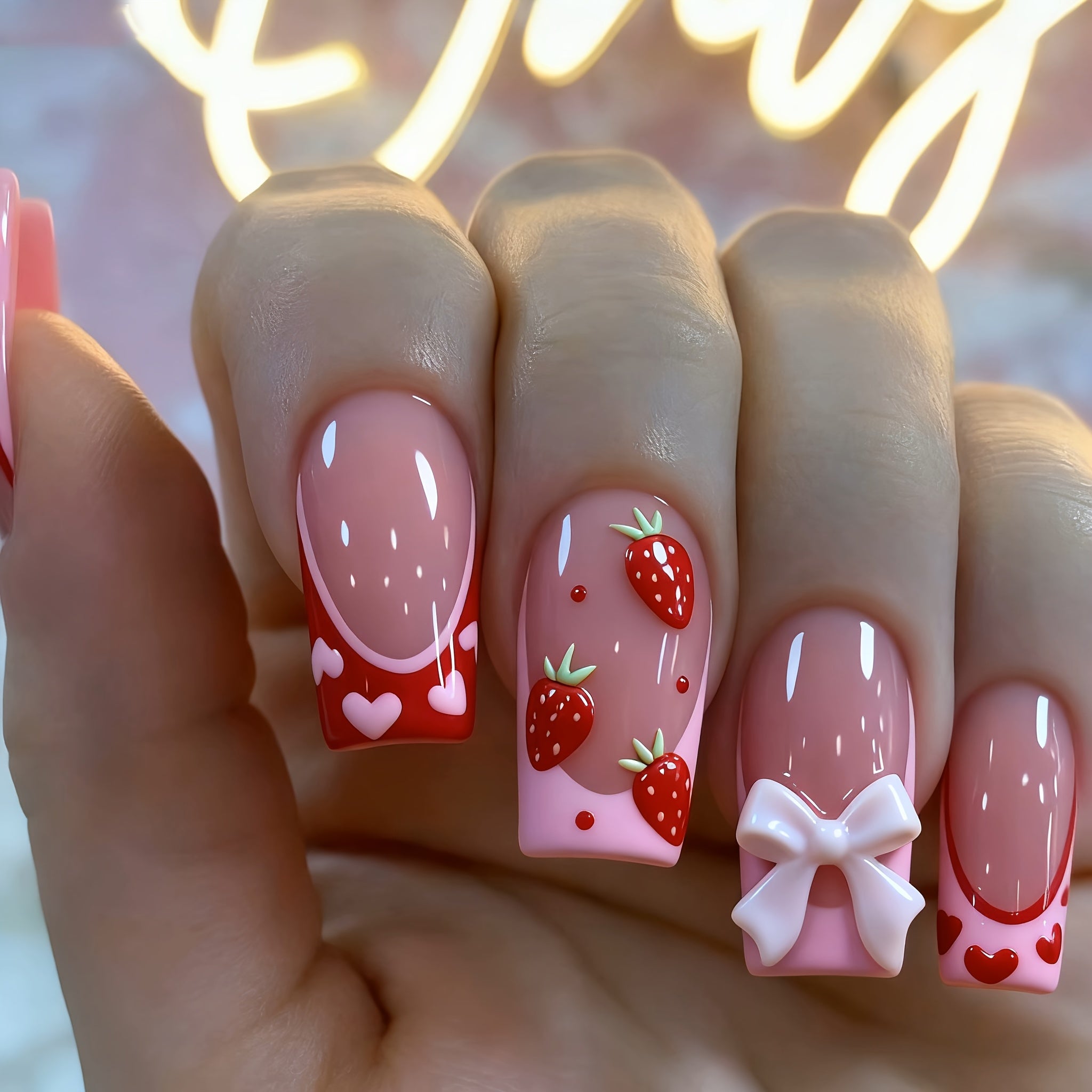 24pcs Pink and Red Heart Strawberry Valentine's Day Press on Nails with Bow, Romantic Nail Art, Special Occasion Nails, Heart Design, Short Square Nails, Durable Pressons, Presson Manicure, Stickon Nails, Bridal Nails, Gift F