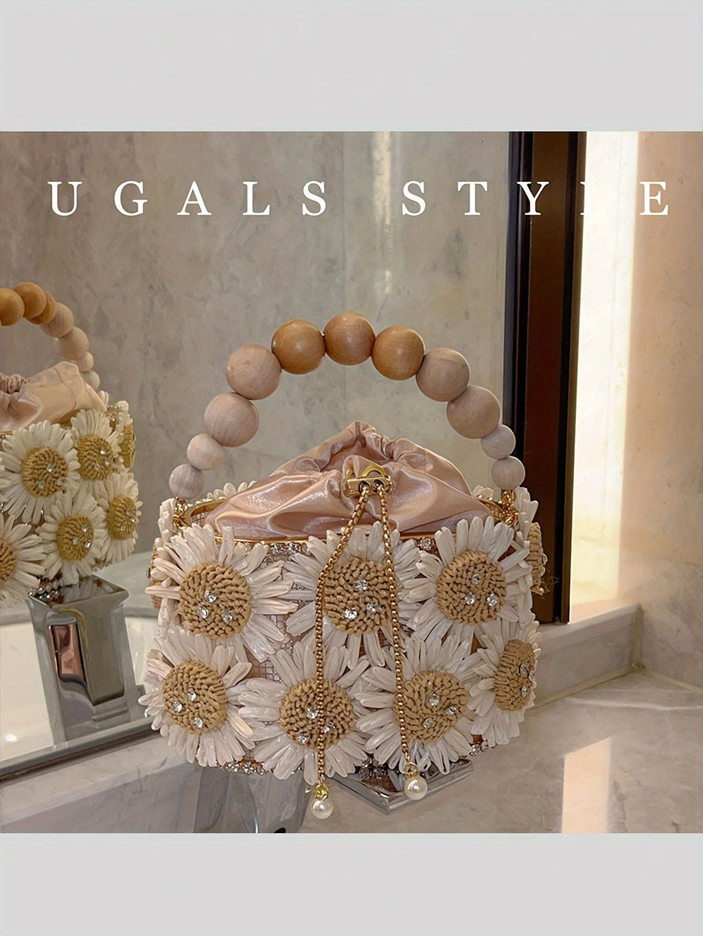 Luxury Evening Bucket Bag for Women | Floral Beaded Design with Rhinestone and Pearl Detailing | Fashion Drawstring Closure Crossbody with Metal and Messenger Accessory | Occasion-Themed with Inner Lining | Non-Washable | Cra