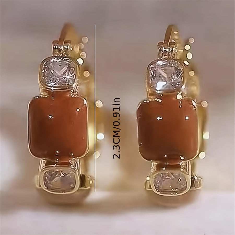 Elegant 14K Golden Plated Zinc Alloy Hoop Earrings with Artificial Crystal Mosaic, Geometric Enamel Design for Women, Versatile for Daily Wear & Gift-Giving, All-Season Accessory