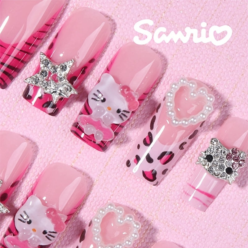 24pcs Sanrio for hello kitty Press-On Nails - Y2K Cute Kitty Cat Design with Red Leopard Print, Medium Coffin Shape, French Tip & Stars, Glossy Finish, Long Length, Pink & White Glitter Accents for Daily Wear & Parties - Perf