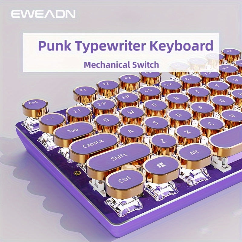 [Retro Typewriter Keyboard] EWEADN V20 Retro Typewriter Mechanical Gaming Keyboard | Full Size 104 Keys, Purple & Golden Vintage Design, LED Backlit, Pink Switches, Ergonomic Anti-Splash, Multimedia Knob, USB Wired for PC/Lap