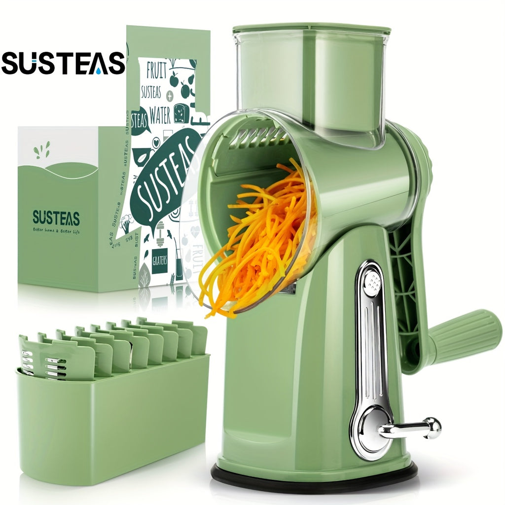 Rotary Cheese Grater With Handle - Vegetable Shredder With 5 Well-designed Blades & Strong Suction Base, Round Mandoline Slicer & Food Chopper For Kitchen, With Blade Storage Box(Beige, Retro Green)