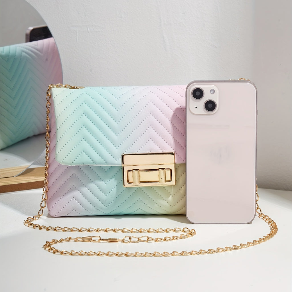 Ombre Wavy Quilted Crossbody Bag, Trendy Chain Shoulder Bag, Women's Turn Lock Flap Square Purses