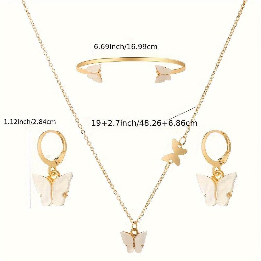 [Minimalist Jewelry] 4pcs Minimalist Butterfly Jewelry Set | Korean Open Bracelet Necklace Earring for Women, Perfect Gift