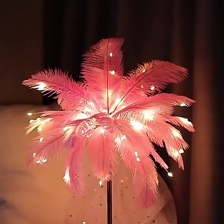 [Pink Feather Table Lamp] Large Modern Artificial Feather Table Lamp with LED Uplight | Elegant Pink & White Design, Brushed Finish, Battery-Powered for Bedroom, Living Room, KTV, Cafe, or Home Decor