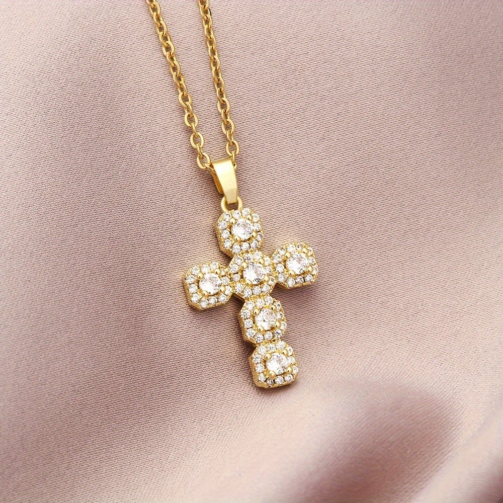 Colorful Inlaid Cubic Zirconia Cross Necklace