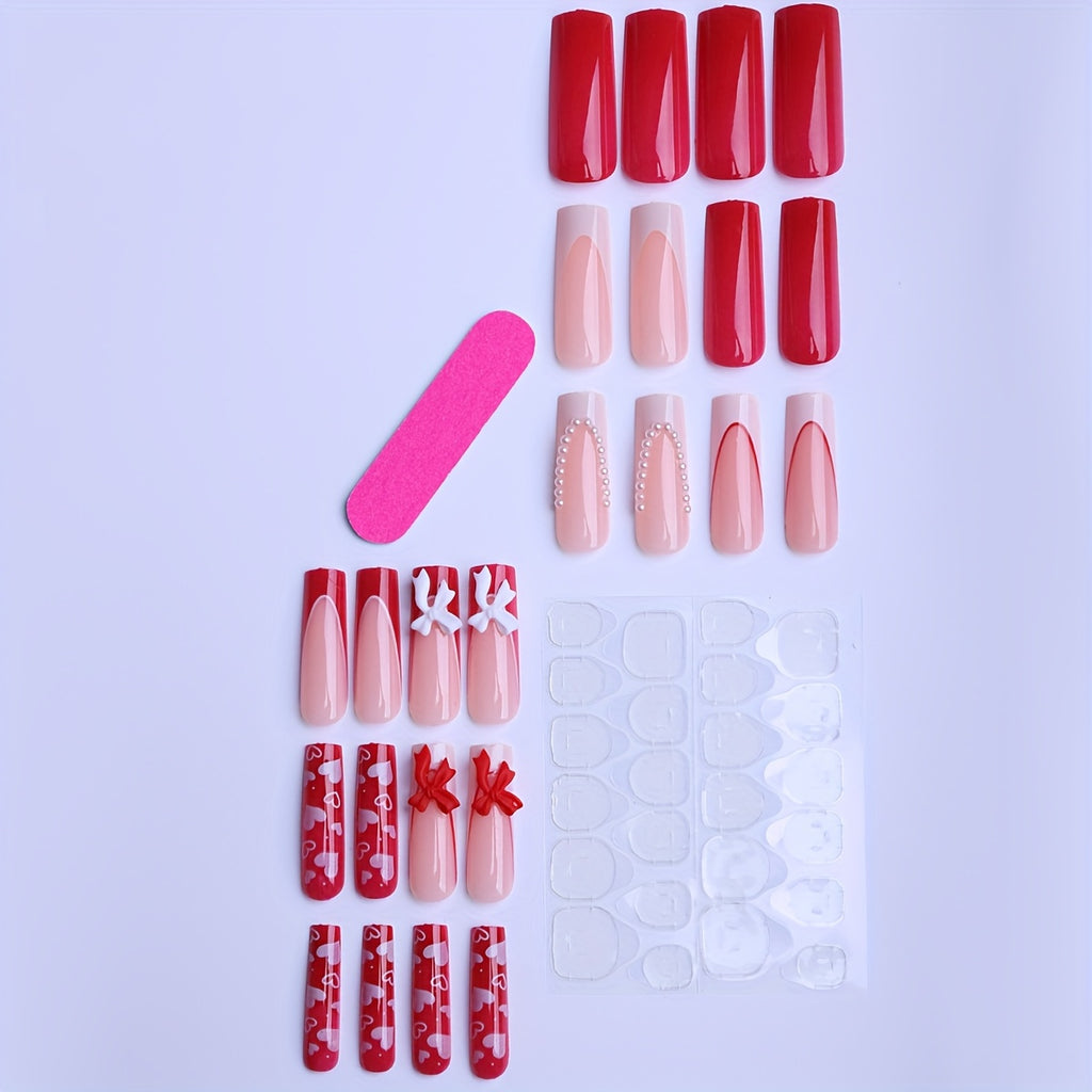 24pcs long square detachable portable wearablenails gift box, romantic French embellished with red and white ribbons, heart-shaped fashionable matching, detachable nainails, Nail Art, Romantic Design, Elegant Nails, Durable N